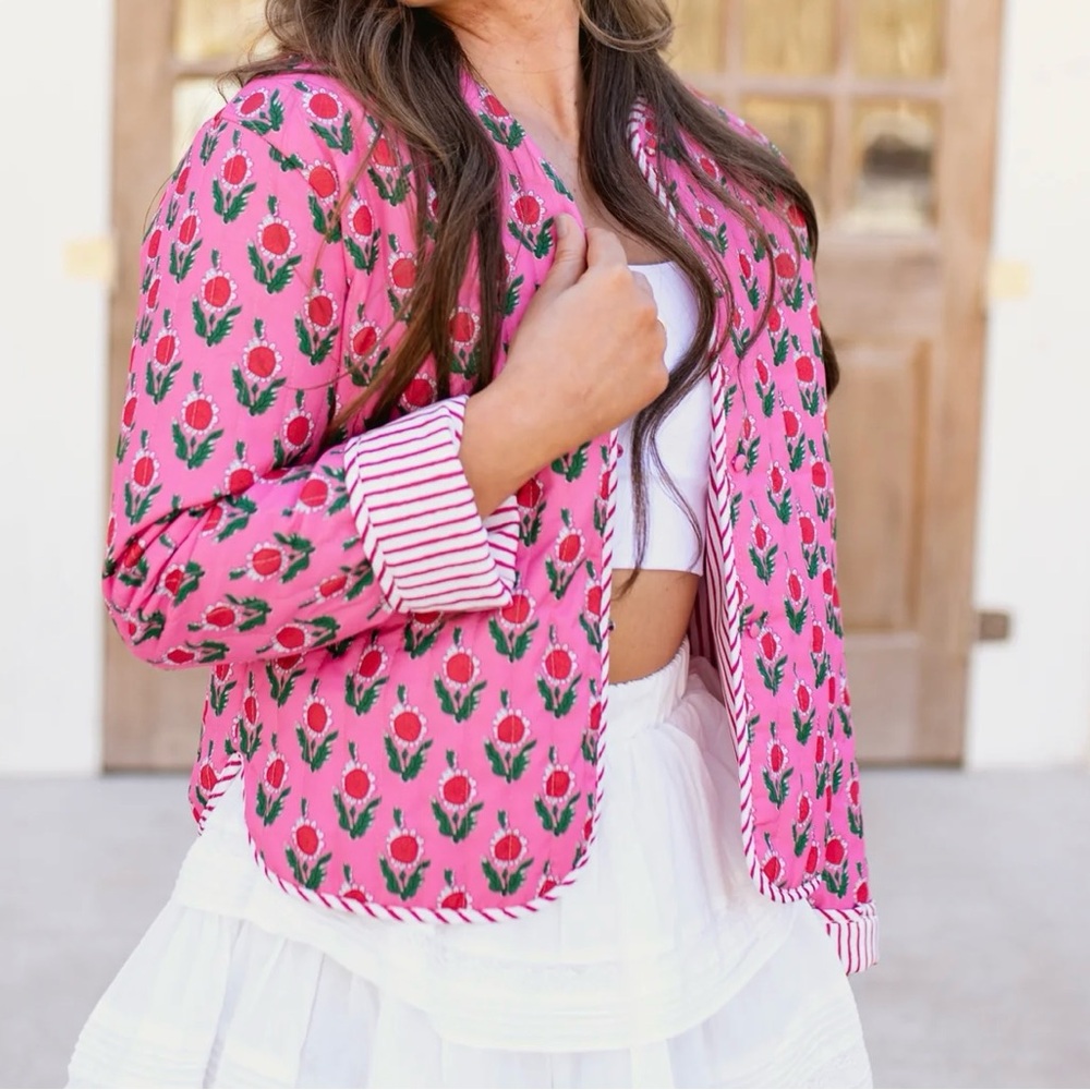 Pink and Red Floral Quilted Jacket